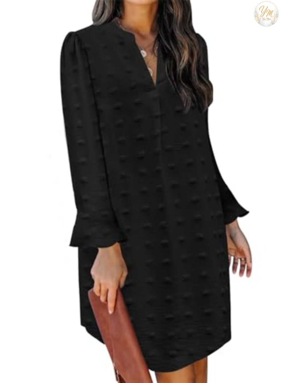 Ruffle Sleeve V Neck Shift Dress Knee Length Long Sleeve